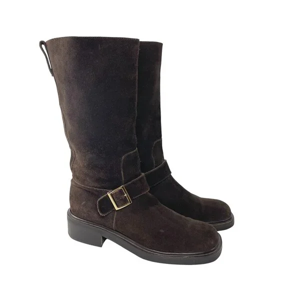 Vintage GUCCI Dark Brown Suede Buckle Mid Calf Boots Womens 36.5 6.5 B - Picture 2 of 10